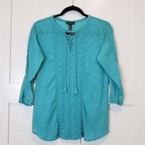 Lauren Ralph Lauren Lace Up Boho Top  Embroidered W/Tassels Turquoise Si…